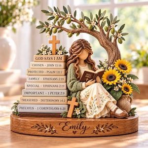 Personalized God Says I Am Wooden Block, Custom Name Christian Bible Verse Decor, Girl Reading Scripture Keepsake, Faith Gift for Women