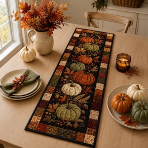 May include: A rectangular fabric table runner featuring a central black panel decorated with a repeating pattern of orange, green, and white pumpkins, autumn leaves, and acorns, bordered by a patchwork design of small squares in warm autumn colours.