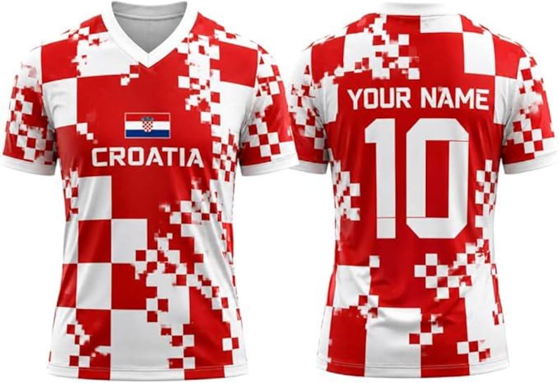 May include: A short-sleeved V-neck jersey featuring a red and white pixelated checkerboard pattern. The front displays the Croatian flag and the word CROATIA. The back shows the text YOUR NAME above the large white number 10 on a red background.