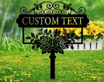 Letrero de jardín personalizado con estaca, letrero de metal para jardín con flores, estaca de jardín personalizada, letrero de jardín, decoración de jardín, letrero con el nombre del jardinero, letrero de jardín familiar