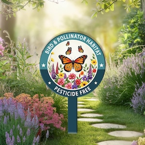 Letrero de hábitat de aves y polinizadores, jardín libre de pesticidas, mariposas y flores de metal, mensaje ecológico, decoración de mariposas, regalo para amantes de la naturaleza.
