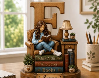 Personalized Wooden Book Lover Figurine, Custom Initial Letter & Name Block, Reader Shelf Decor, Library Decoration, Book Lover Gift