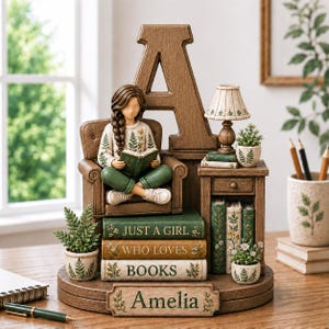 May include: A decorative figurine featuring a person reading in a chair next to a large letter A, a lamp, and a stack of books labeled Just a Girl Who Loves Books. The base is inscribed with the name Amelia and decorated with potted fern plants.
