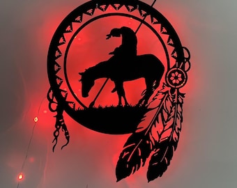 End of the Trail Metal Wall Art LED Lights, End Of The Trail Arrowhead American Native Metal Signs, Southwestern Metal Wall Sign Decoration