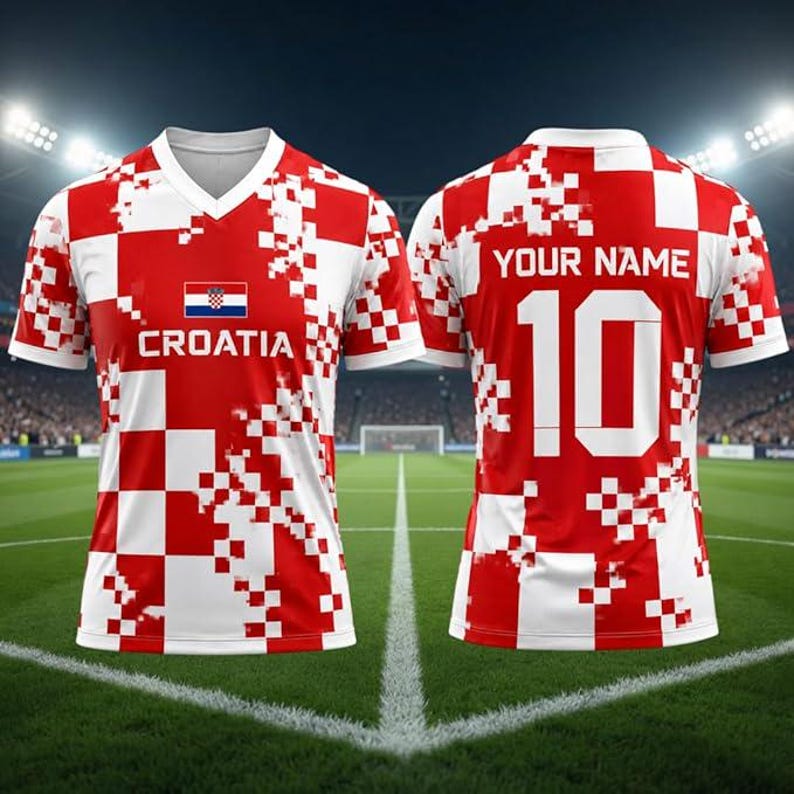 May include: A V-neck soccer jersey featuring a red and white checkered pattern. The front displays the Croatian flag and the text CROATIA. The back shows the text YOUR NAME above the number 10 in large white font on a red and white background.