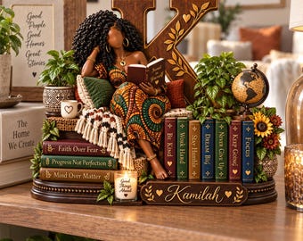 Personalized Black Woman Book Lover Wooden Plaque, Custom Name Reader Desk Sign, African American Bookworm Gift, Literary Home Decor