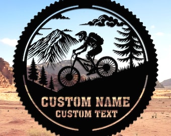 Art mural personnalisé en métal pour vélo de montagne, cadeau pour motard, art mural VTT, nom de motard personnalisé, décoration de garage de motard