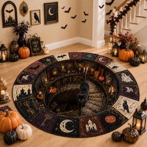 May include: A round area rug featuring a 3D optical illusion of a deep stone spiral staircase. The border is composed of square panels displaying Halloween motifs including bats, moons, pumpkins, ghosts, castles, and keys, with a black cat.