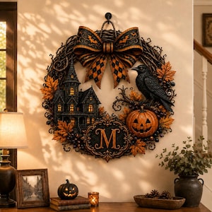 Pode incluir: Uma guirlanda de Halloween com base de galhos escuros, um grande laço com padrão laranja e preto, uma casa mal-assombrada em miniatura, um corvo preto, uma abóbora iluminada e uma placa central com a letra M, decorada com folhas de outono.