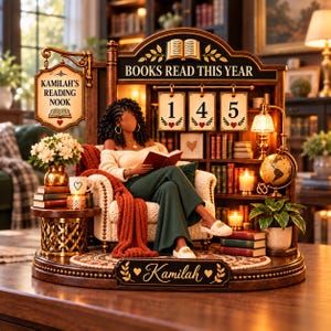 Op de afbeelding: Een decoratief leeshoek-beeldje met een persoon die in een stoel een boek leest. Het display bevat een bordje met KAMILAH'S READING NOOK, een teller met 145 BOOKS READ THIS YEAR en een voetstuk met de naam Kamilah erop.