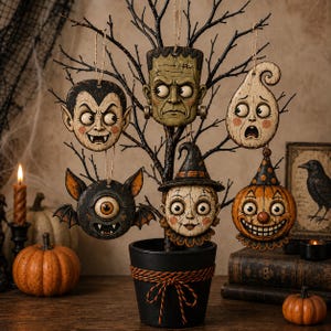 May include: A black decorative tree in a black pot with orange and black twine, featuring six hanging ornaments shaped like a vampire, Frankenstein's monster, a ghost, a one-eyed bat, a witch, and a jack-o'-lantern with a clown nose.