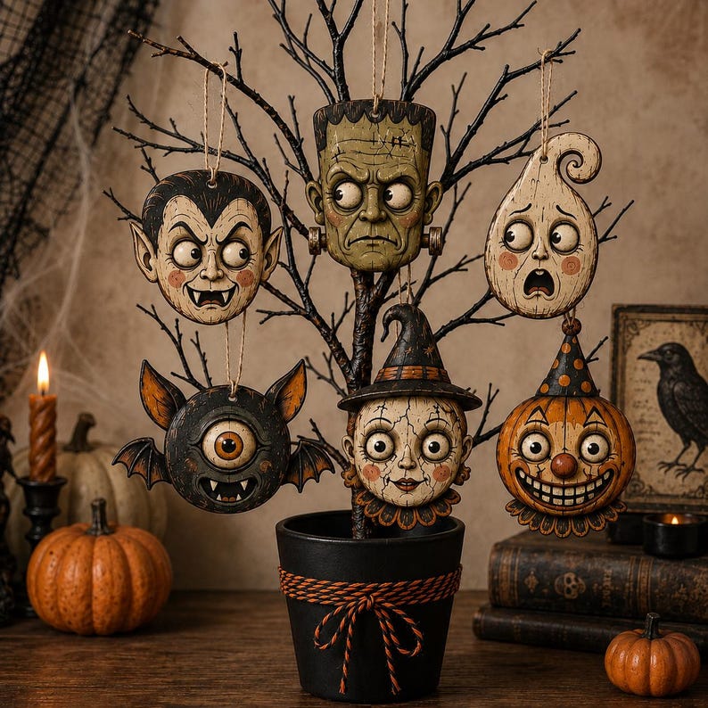 May include: A black decorative tree in a black pot with orange and black twine, featuring six hanging ornaments shaped like a vampire, Frankenstein's monster, a ghost, a one-eyed bat, a witch, and a jack-o'-lantern with a clown nose.