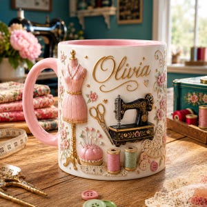 Op de afbeelding: Een witte keramische mok met een roze binnenkant en handvat, voorzien van reliëfdecoraties zoals een roze paspop, een zwarte naaimachine, een gouden schaar, een speldenkussen, garenklosjes en de naam Olivia in gouden sierlijke letters.