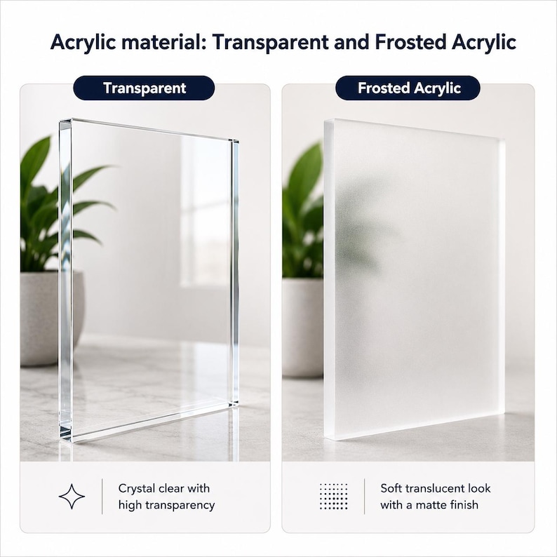 May include: A comparison of acrylic material types featuring a transparent acrylic sheet with high clarity and a frosted acrylic sheet with a matte finish. Text labels include Acrylic material: Transparent and Frosted Acrylic, Crystal clear with high transparency, and Soft translucent look with a matte finish.