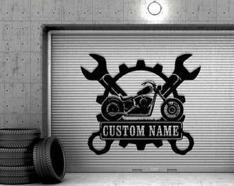 Cartello personalizzato per garage di motociclette, decorazione da parete in metallo con chiavi inglesi, cartello da parete per garage di motociclette, negozio di motociclette in metallo, decorazioni per garage, regalo per papà