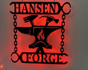 Customized Blacksmith Metal Wall Art With LED Light,Personalized Blacksmith Flame Anvil & Hammer Forge Metal Sign, Blacksmith Led Metal Sign