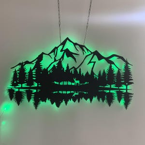 Letrero de metal de montaña y bosque con luces LED, letrero de metal de montaña y árbol, letrero de montaña natural, arte de pared de naturaleza, decoración del hogar