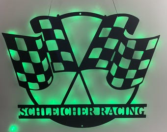 Arte de pared de metal con bandera de carreras personalizada con luces LED, letrero de metal con bandera de carreras personalizada, letreros de pared de metal para garaje de cueva de hombre de carreras de karts
