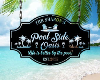 Letreros personalizados de oasis junto a la piscina, decoración de piscina de metal personalizada, arte de pared de metal junto a la piscina, letrero decorativo para piscina al aire libre, decoración de casa de playa, regalo para el hogar