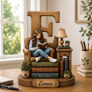May include: A decorative wooden-style figurine featuring a large letter E, a person sitting in a chair reading a book, and a stack of three books titled Just A Girl, Who Loves, and Books. The base is personalized with the name Emma.
