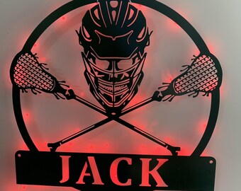 Custom Lacrosse Metal Sign LED Lights, Lacrosse Sticks Helmet Metal Sign, Personalized Lacrosse Player Metal Name Sign, Lacrosse Sport Metal