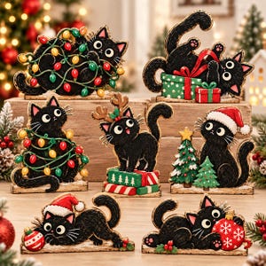 May include: A collection of seven black cat figurines with Christmas themes. The cats are depicted with various holiday items including colorful string lights, wrapped gift boxes, reindeer antlers, Santa hats, Christmas trees, and red ornaments.