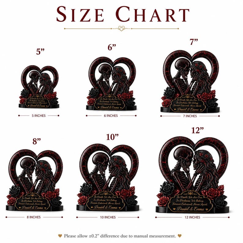 May include: A size chart for a decorative skeleton couple figurine featuring six sizes from 5 inches to 12 inches. Each figurine depicts two skeletons embracing within a heart-shaped frame, adorned with red and black roses and the text 'In Death, We Are One. In Darkness, We Belong. Forever Entwined, Never Apart. Daniel & Emma'.