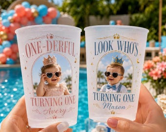 Personalized First Birthday Frosted Cups, Custom Baby Photo Cups, One Year Old Birthday Party Favors, First Birthday Celebration Drinkware