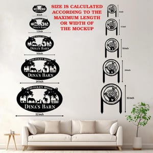 May include: Five different sizes of metal yard signs with various designs. The signs are 8, 12, 18, 24, and 32 inches in size. The signs feature a farm scene with animals, a welcome to the garden design, and a personalized address sign. The text on the signs reads "Dina's Barn" and "8710 Foley Road".