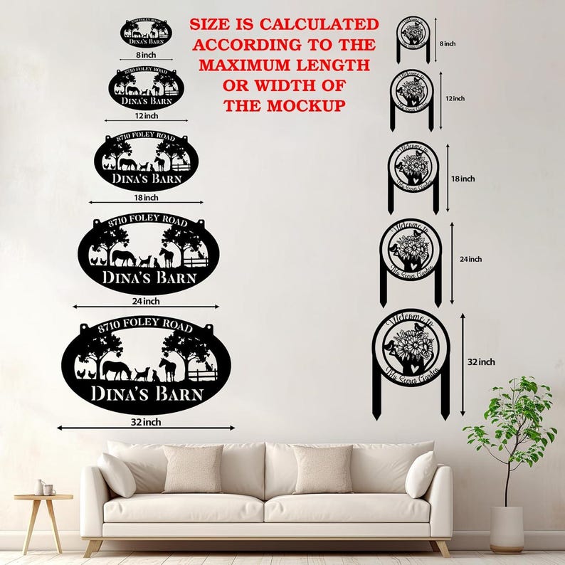 May include: Five different sizes of metal yard signs with various designs. The signs are 8, 12, 18, 24, and 32 inches in size. The signs feature a farm scene with animals, a welcome to the garden design, and a personalized address sign. The text on the signs reads "Dina's Barn" and "8710 Foley Road".