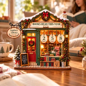 May include: A miniature bookstore model titled Sophia's Library with a red door, green exterior, and festive holiday decor. The facade features the text BOOKS READ THIS YEAR, a hanging sign, and three circular number tags displaying 2, 5, and 8.