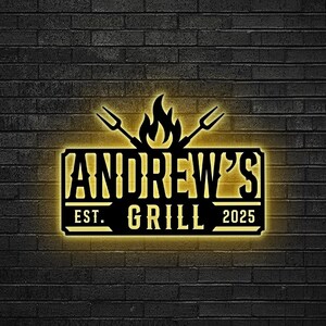 Custom Grill Metal Led Light, Personalized BBQ Name Sign, Grill Master Sign, Backyard chef gift, Grilling decor, Gift for dad, Grill wall