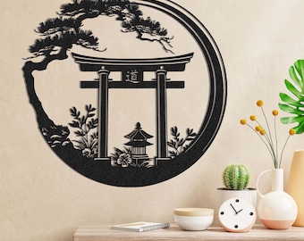 Enso Kreis mit Torii Tor Metall, japanische Schlafzimmer Dekoration, inspirierende Wandkunst, Sanmon Bonsai Baum Zeichen, japanische Wohndekoration, Geschenk für Papa
