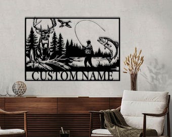 Letrero metálico personalizado de caza y pesca, arte mural personalizado para cabaña, decoración natural al aire libre, regalo de cazador, regalo para papá.