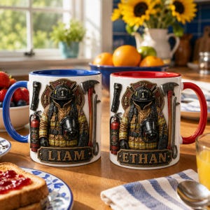 May include: Two white ceramic mugs featuring a 3D-style firefighter emblem with a helmet, axe, flashlight, and fire extinguisher. One mug has a blue handle and the name LIAM, while the other has a red handle and the name ETHAN in raised lettering.
