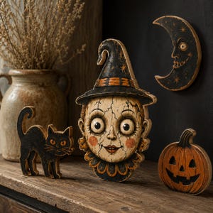 May include: A collection of wooden Halloween decorations featuring a central witch face with a cracked texture, a black cat, a smiling jack-o'-lantern, and a crescent moon with a face. Each piece is painted in black, orange, and cream tones.