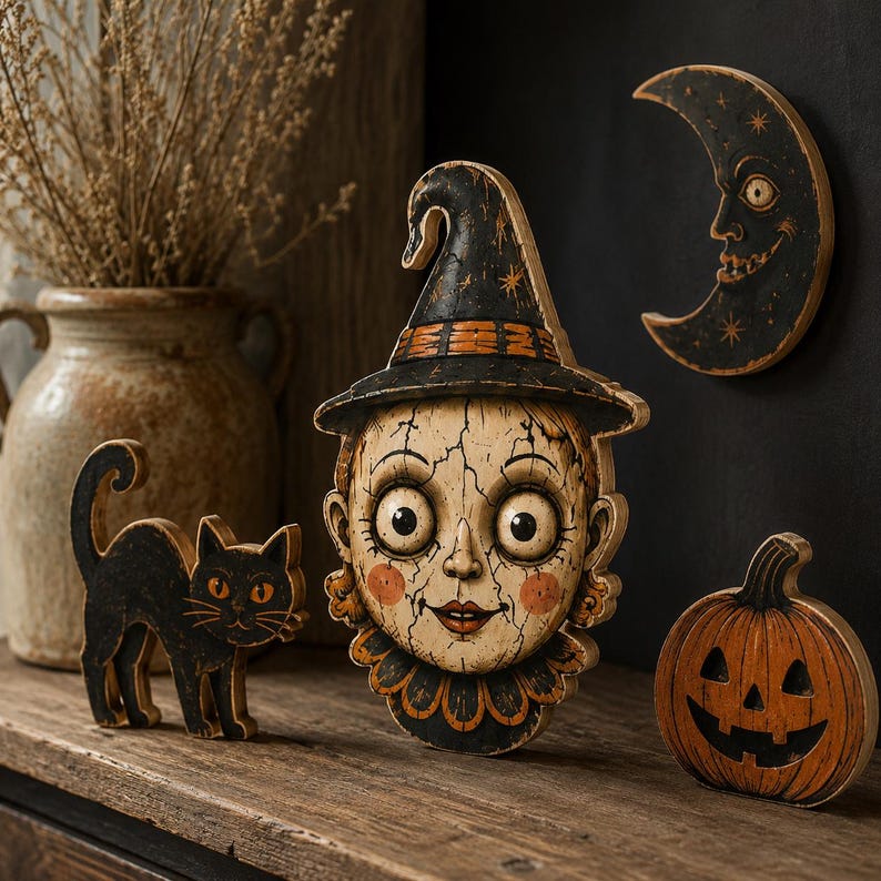 May include: A collection of wooden Halloween decorations featuring a central witch face with a cracked texture, a black cat, a smiling jack-o'-lantern, and a crescent moon with a face. Each piece is painted in black, orange, and cream tones.