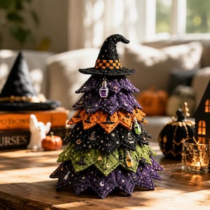 Peut inclure: Une décoration d'arbre en tissu matelassé composée de couches de tissus violet, orange, noir et vert avec des motifs de chapeaux de sorcière, de lunes et d'étoiles. L'arbre est surmonté d'un chapeau de sorcière noir et orné de breloques.