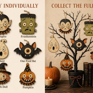 May include: A set of six Halloween-themed wooden ornaments featuring a vampire, Frankenstein, a ghost, a one-eyed bat, a witch doll, and a pumpkin. Each ornament has a rustic, distressed finish and includes a jute twine loop for hanging.