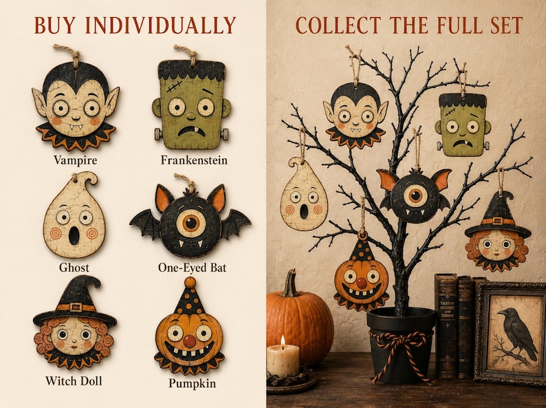 May include: A set of six Halloween-themed wooden ornaments featuring a vampire, Frankenstein, a ghost, a one-eyed bat, a witch doll, and a pumpkin. Each ornament has a rustic, distressed finish and includes a jute twine loop for hanging.
