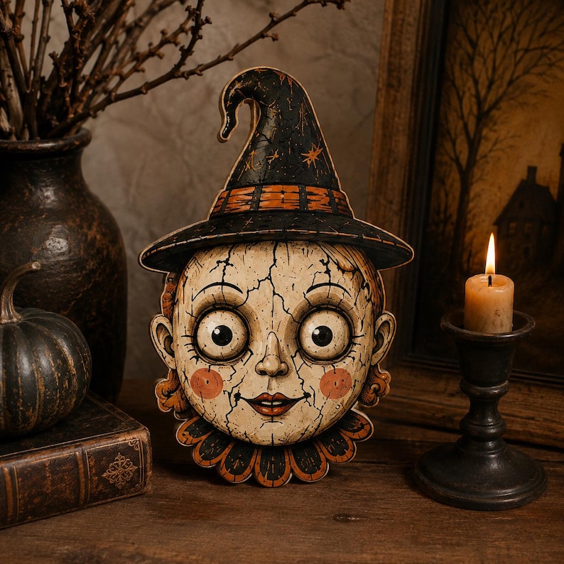 May include: A flat, decorative wooden cutout of a doll face wearing a black witch hat with orange accents. The doll has a pale, cracked finish, large black eyes, rosy cheeks, and a ruffled collar. The design features dark, weathered details.