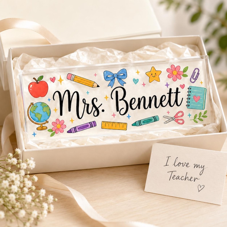 May include: A rectangular clear acrylic plaque with the text Mrs. Bennett in black script, surrounded by colorful illustrations of a red apple, globe, pencil, blue bow, star, flowers, paperclip, notebook, ruler, crayon, and scissors in a gift box.