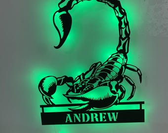 Personalisierte Skorpion Metallwandkunst LED-Lichter, kundenspezifisches Skorpionmetall-Namensschild, Insektenmetallwandbehang, Skorpion-Entomologie-Metalldekor