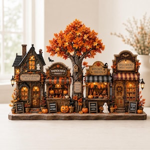 Può includere: Un villaggio di Halloween in miniatura con quattro strutture: Haunted Haven, Pumpkin Patch Market, Witches' Treats e Spellbound Sweet Shoppe. Un grande albero centrale con foglie arancioni collega gli edifici, tutti illuminati da luci calde.