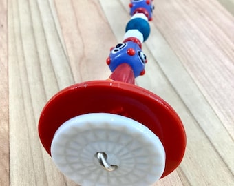Light Pull & Ceiling Fan Pull/ Funky Red, White, Blue/ Polymer Clay and Glass Beads/ Home Decor/ Funktini/ Glass Fan Pull/ Beaded Fan Pull