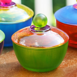 Colorful Glass Bowl with Lid Perfect for Sugar, Candy, Clips, Jewelry, Food/Funktini Kitchen Glassware/Home & Living/Unique Home Gifts