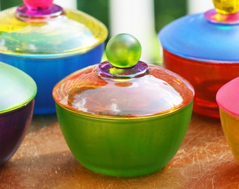 Colorful Glass Bowl with Lid Perfect for Sugar, Candy, Clips, Jewelry, Food/Funktini Kitchen Glassware/Home & Living/Unique Home Gifts