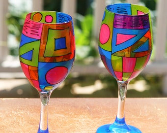 Colorful Wine Glasses/Hand Painted Stemware/Gift for Wine Lovers/Funktini Glassware/Wine Glass/ Barware/Stemware/Holiday Gift/Unique Design