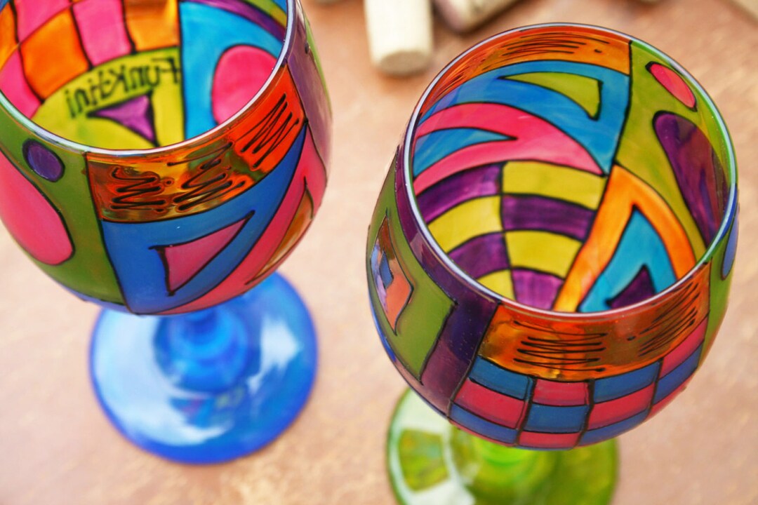 Colorful Wine Glasses/hand Painted Fused Glass/gift for Wine Lovers