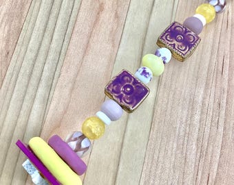 Light Pull & Ceiling Fan Pull/ Lilacs and Buttercups/ Polymer Clay and Glass Beads/ Home Decor/Funktini/